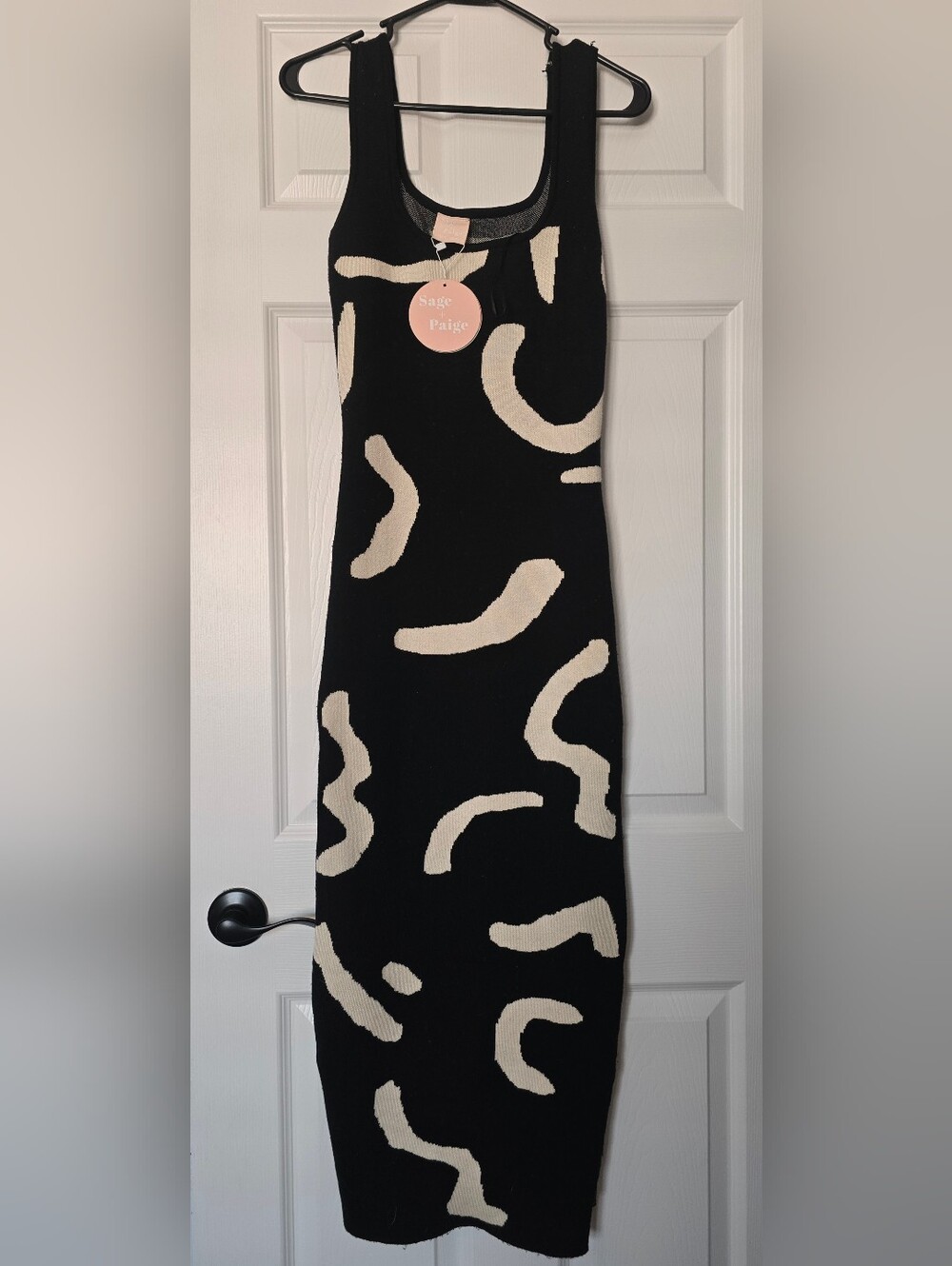 Sage Paige Black Knit Midi Dress with Cream Abstract Print XS